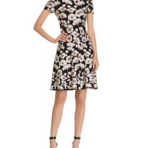 St. John Black Floral Jacquard A-Line Short Sleeve Midi Dress
